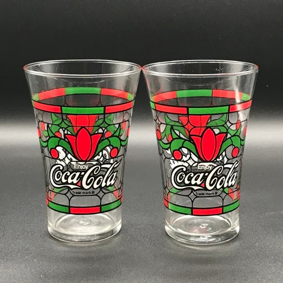 Vintage Coca-Cola Set of 2 Tulip Stain Glass Pattern Libby Tumblers Glasses - Picture 1 of 5